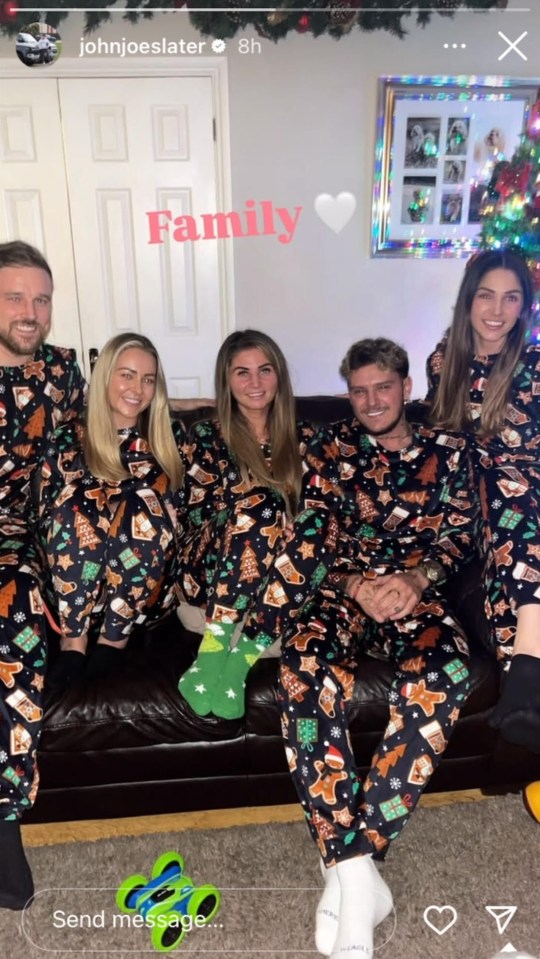 Family in matching Christmas pajamas.