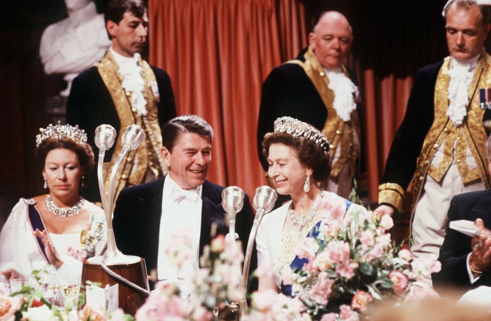 Her Majesty joking with President Ronald Reagan during a dinner at Windsor Castle