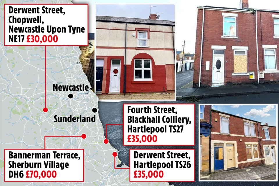 Map showing three houses for sale in the North East of England, with prices and addresses.