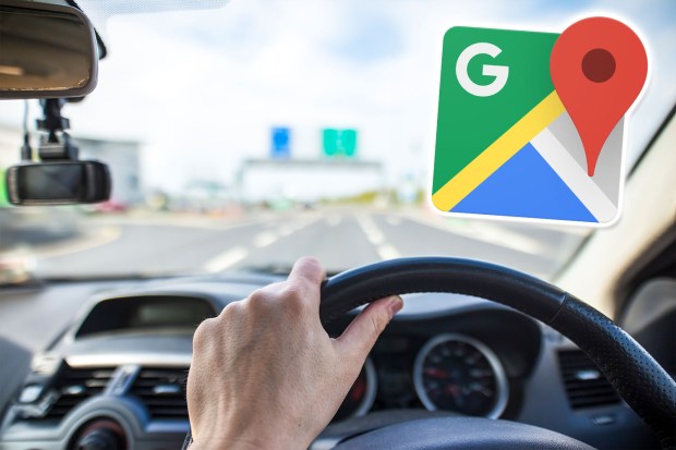 Hand on steering wheel driving with Google Maps logo overlaid.