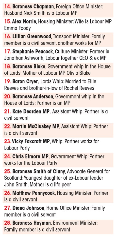 List of Labour party members and their family members' professions.