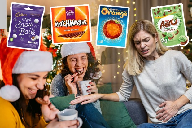 Two women enjoy Christmas chocolates while another woman experiences a stomachache.