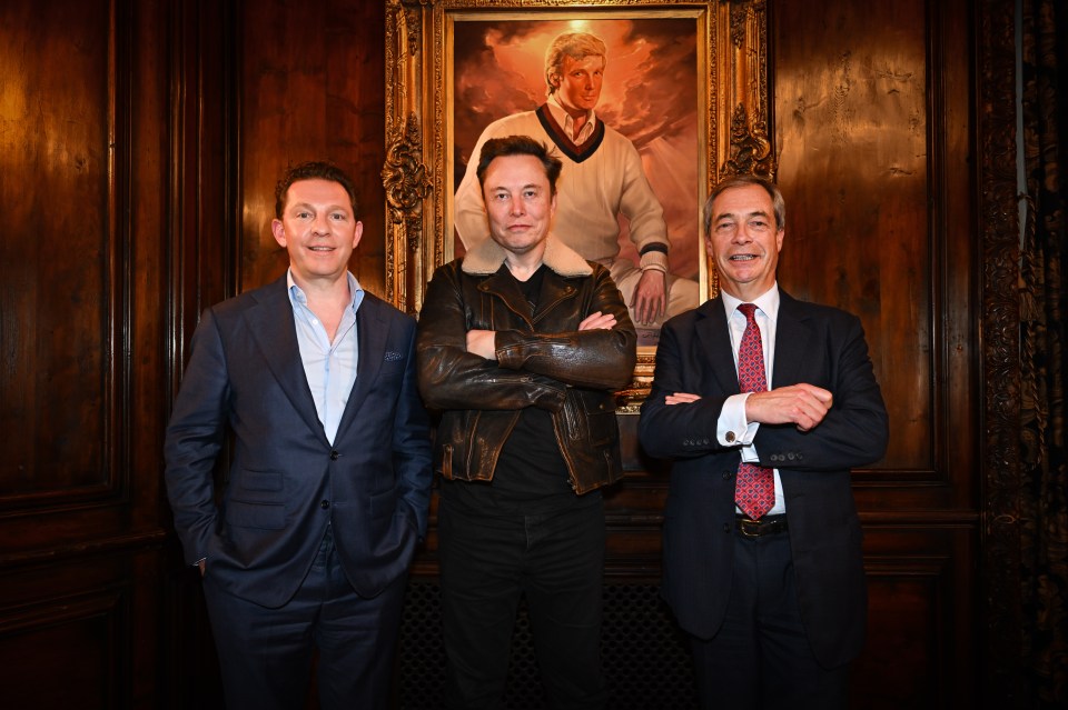 Elon Muck accompanied by Nigel Farage and Nick Candy in front of Donald Trump portrait