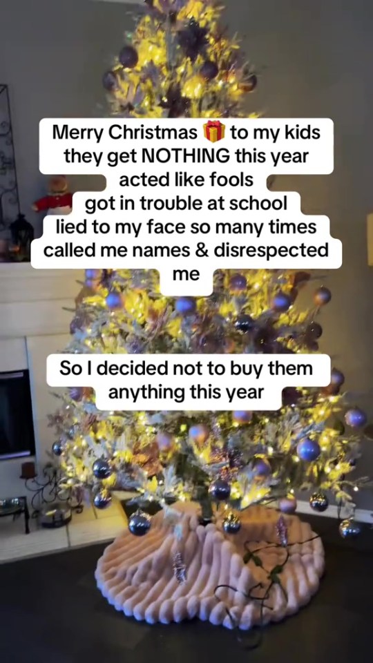 Decorated Christmas tree with a note explaining that the children are getting no gifts this year due to their bad behavior.