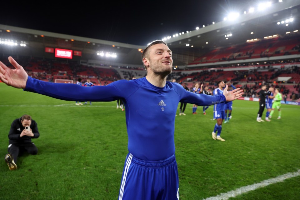 SUNDERLAND, ENGLAND - MARCH 5: Jamie Vardy of Leicester City celebrates in front of the travelling Leicester City fans after the Sky Bet Championship match between Sunderland and Leicester City at Stadium of Light on March 5, 2024 in Sunderland, United Kingdom. (Photo by Plumb Images/Leicester City FC via Getty Images)