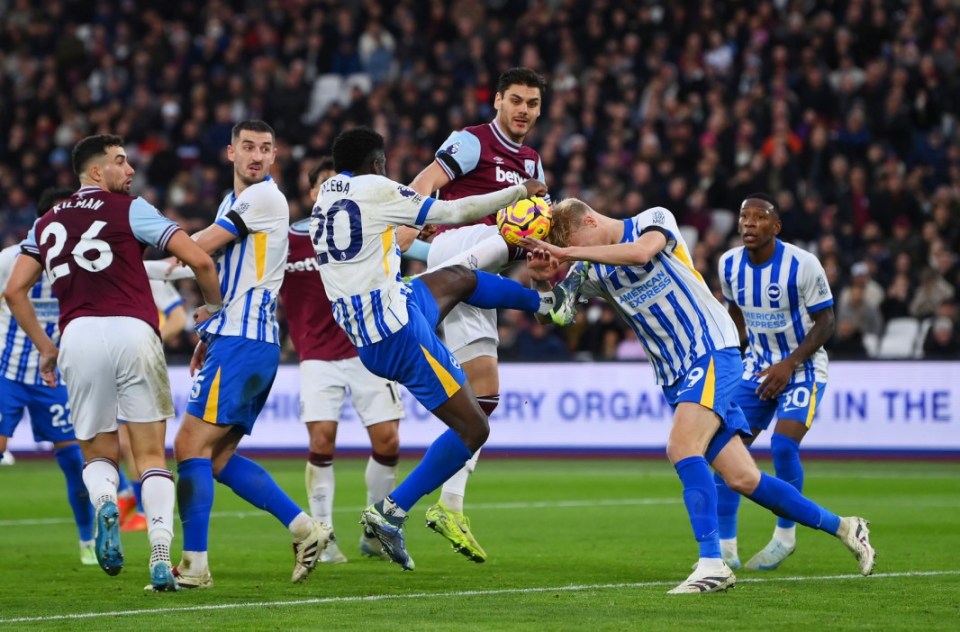 Carlos Baleba caught his own team-mate as they attempted to clear the ball in the first-half