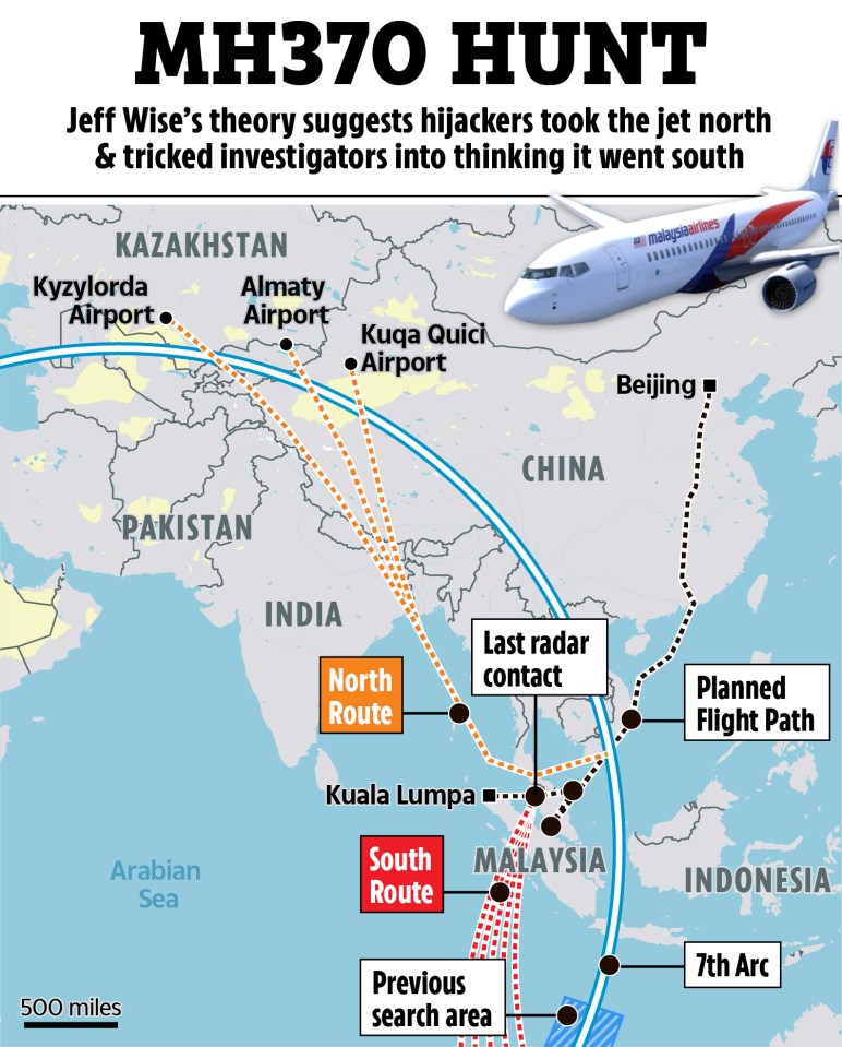 Map showing the possible northern flight path of MH370, contrasting with the originally assumed southern route.