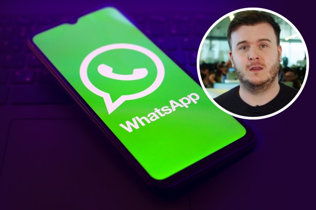 WhatsApp app on a phone screen next to a headshot of a man.