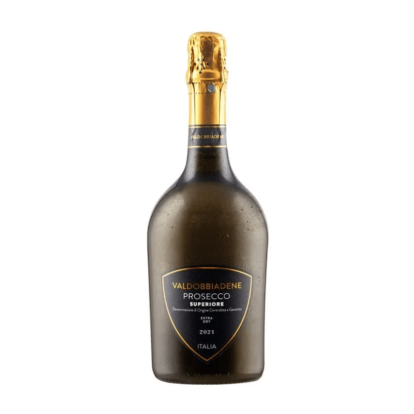 Bottle of Valdobbiadene Prosecco Superiore Extra Dry.