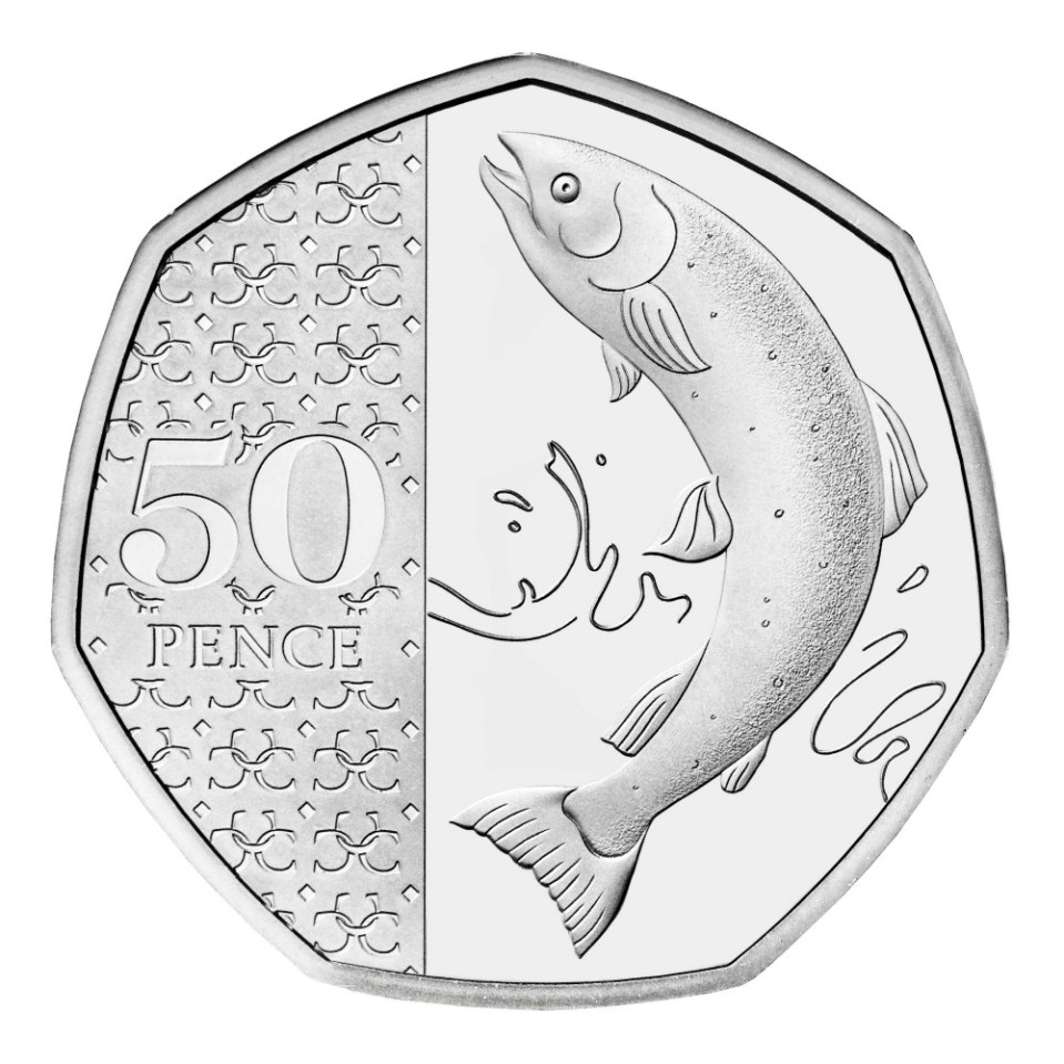 Undated handout photo issued by the Royal Mint of a 50p coin depicting the Atlantic Salmon and bearing the King's portrait, it is the rarest such coin in circulation, the Royal Mint has confirmed. The coin has knocked the "highly collectable" 2009 Kew Gardens 50p off the top spot for the first time in 15 years, the official maker of British coins said. Issue date: Monday October 7, 2024. PA Photo. See PA story MONEY Salmon . Photo credit should read: Royal Mint/PA Wire NOTE TO EDITORS: This handout photo may only be used in for editorial reporting purposes for the contemporaneous illustration of events, things or the people in the image or facts mentioned in the caption. Reuse of the picture may require further permission from the copyright holder.