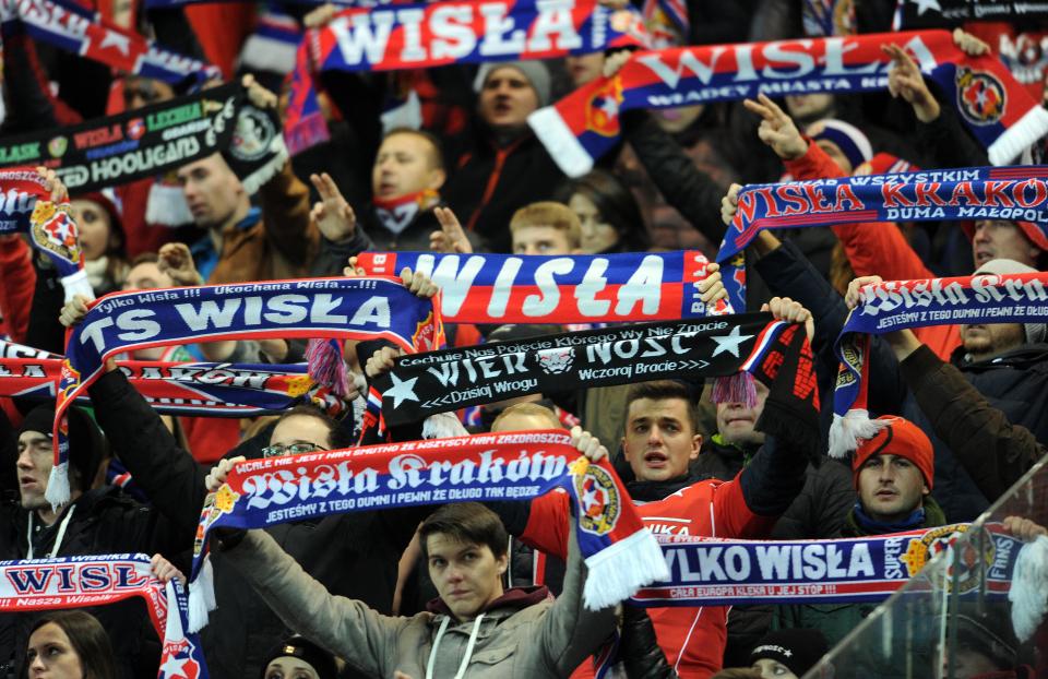 Supporters of TS Wisla, a football team from Kraków, Poland