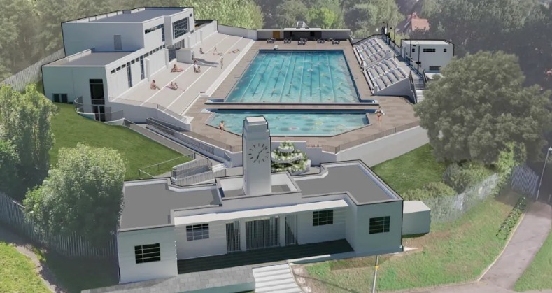 Artist's rendering of the revamped Broomhill Lido, reopening in 2026.