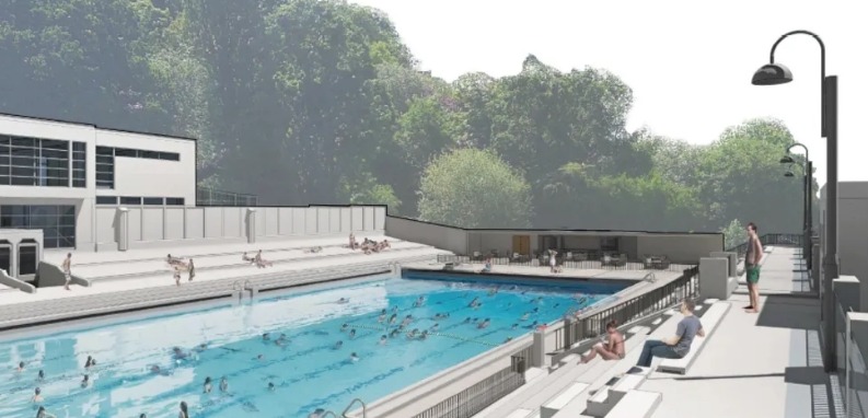 Artist's rendering of the revamped Broomhill Lido, showing a large swimming pool surrounded by seating and a building.