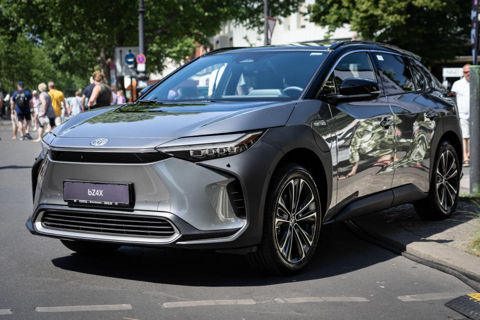 A gray Toyota bZ4X electric SUV.