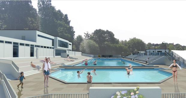 Rendering of an outdoor swimming pool complex with multiple pools, surrounding deck space, and a building.