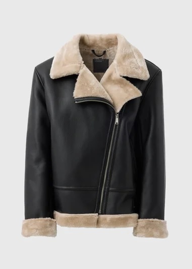 Black leather aviator jacket with beige faux fur trim.