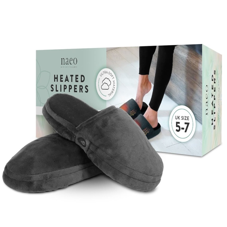 Pair of gray heated slippers in UK sizes 5-7.