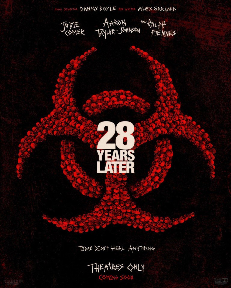 "28 Years Later" movie poster featuring a biohazard symbol made of skulls.