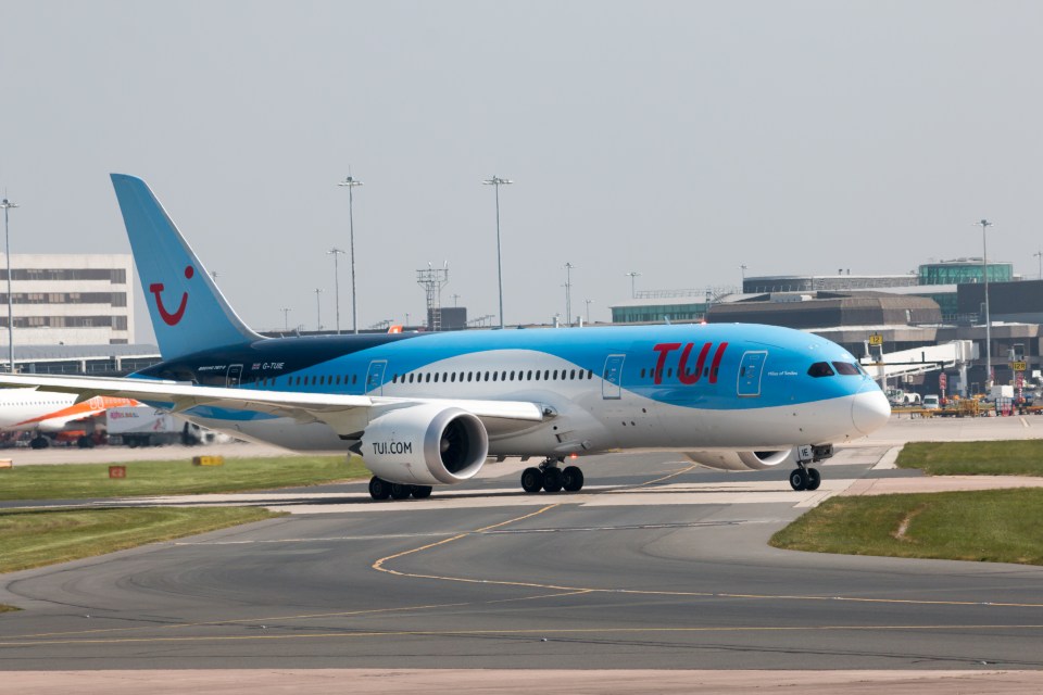 A TUI flight attendant was rushed to hospital after falling from the plane at a UK airport