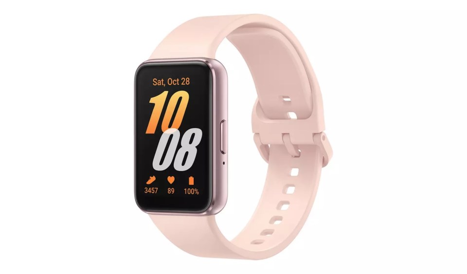 Smartwatch with pink band displaying the time and fitness data.