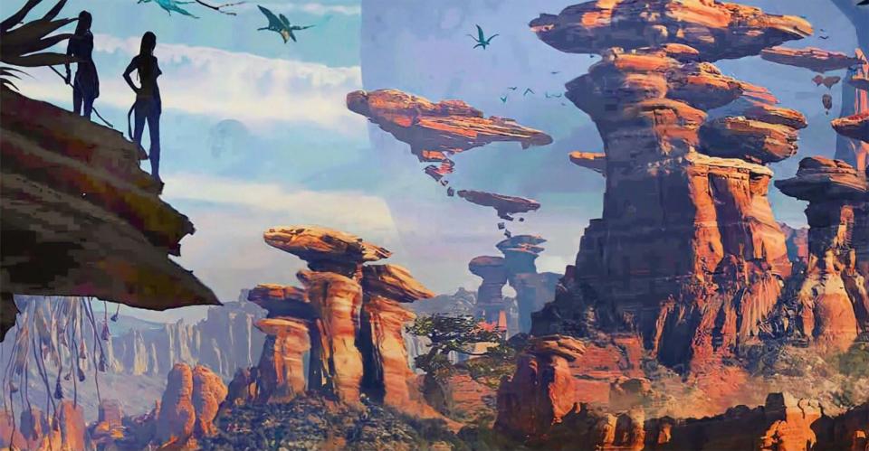 Artwork depicting two silhouetted figures overlooking a fantastical landscape of floating rock formations and flying creatures; promotional image for the film *Avatar: Fire and Ash*.