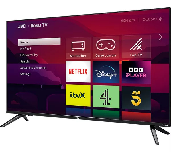 JVC Roku TV displaying Netflix, Disney+, and other streaming services.