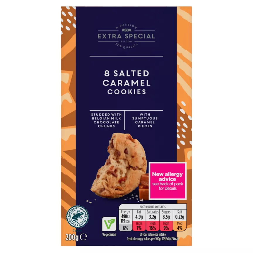 ASDA Extra Special 8 Salted Caramel Cookies; studded with Belgian milk chocolate chunks and sumptuous caramel pieces.  Vegetarian.  200g.