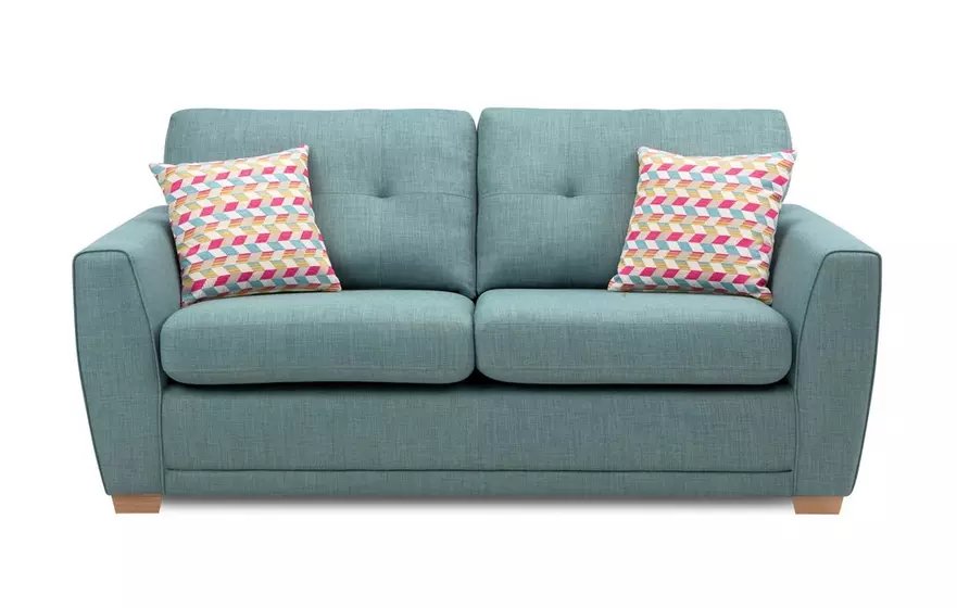 Teal two-seater sofa with colorful patterned cushions.