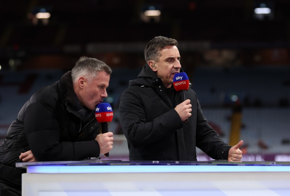 Two men at a sports event, speaking into Sky Sports microphones.