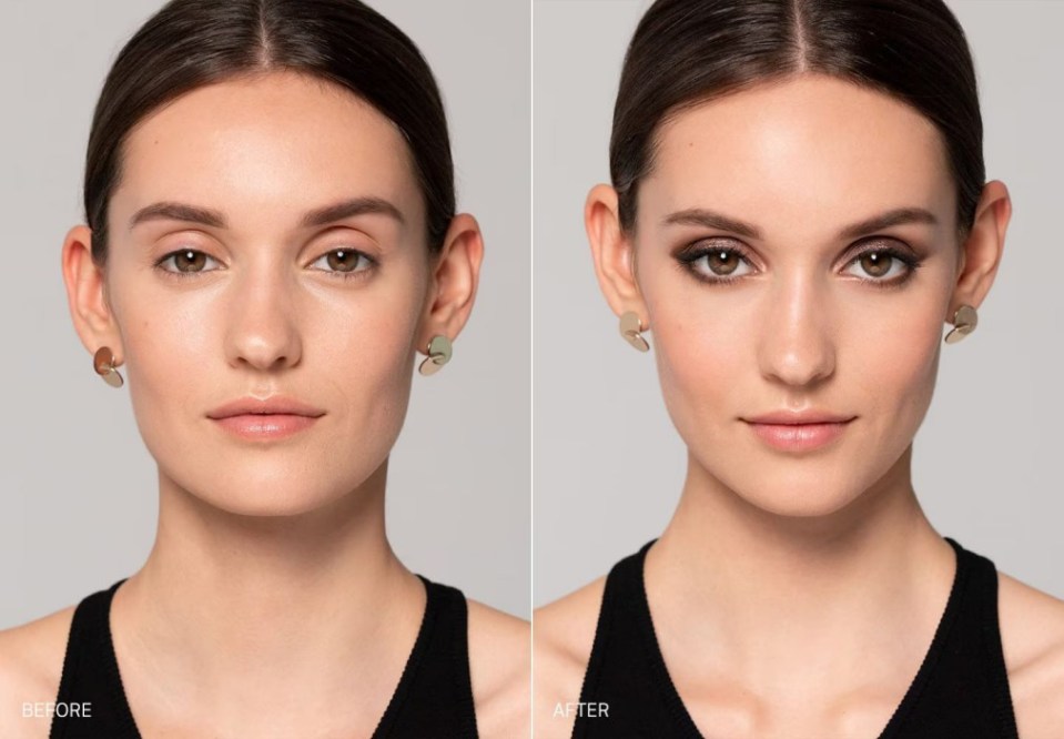 Before and after photos of smoky eye makeup.