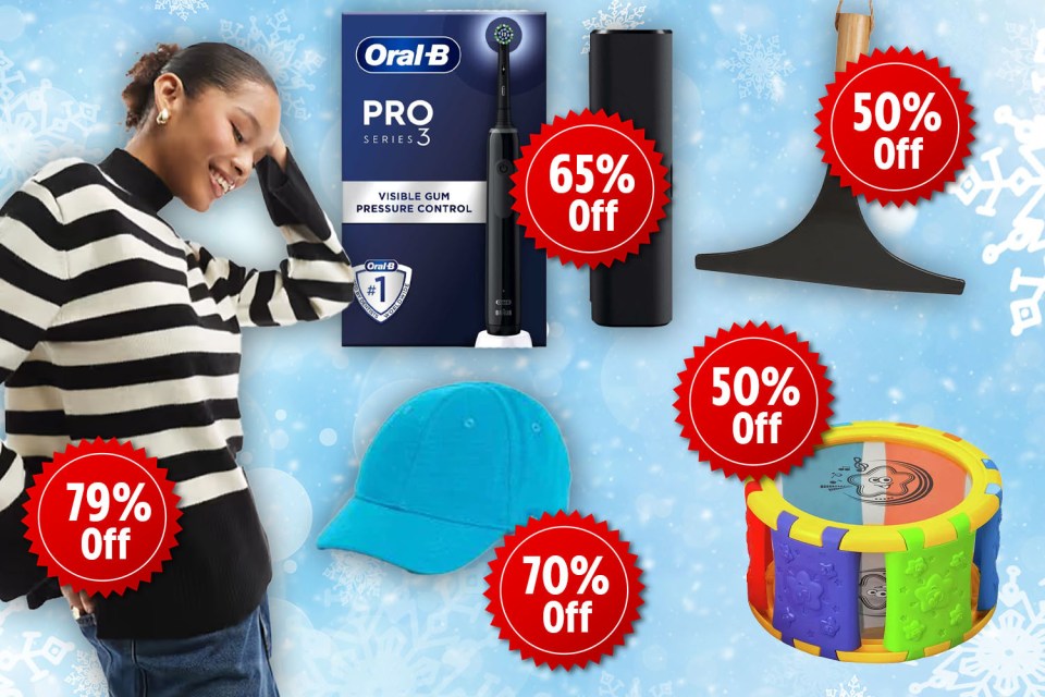 Sale items: toothbrush (65% off), squeegee (50% off), hat (70% off), toy (50% off), and sweater (79% off).