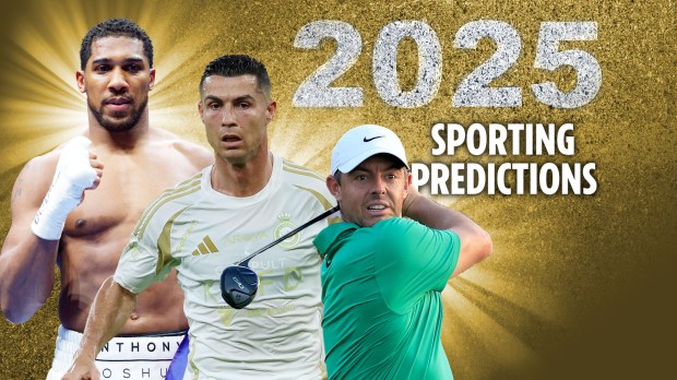 2025 sporting predictions featuring Anthony Joshua, Cristiano Ronaldo, and Rory McIlroy.