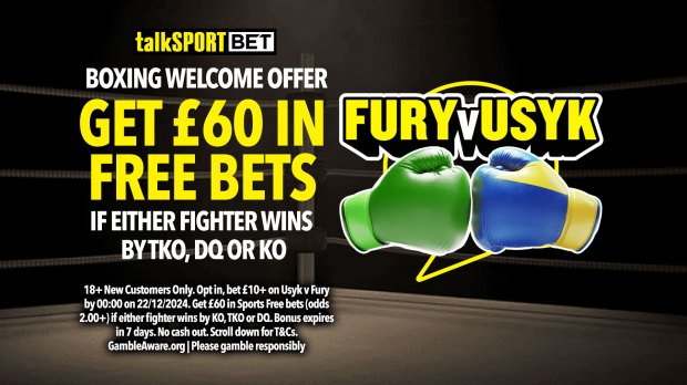 Get £60 in free bets if Fury or Usyk wins by KO, TKO, or DQ.  18+ New customers only.  Please gamble responsibly.