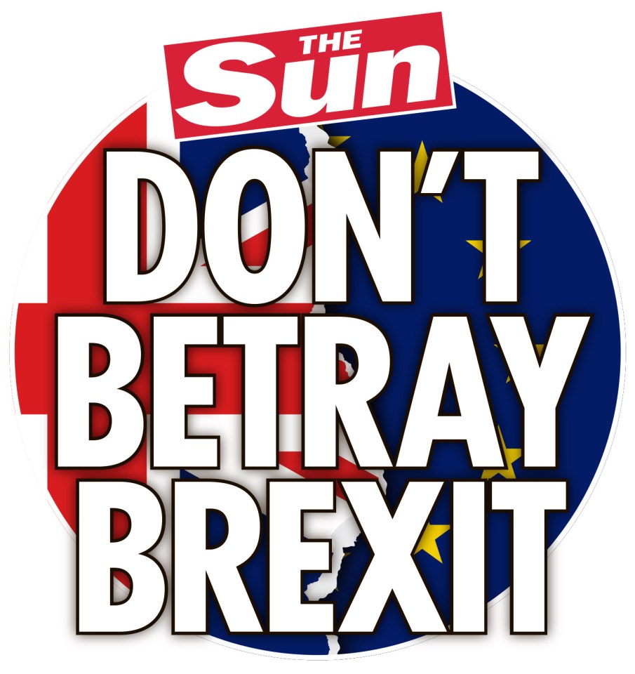 The Sun newspaper logo and the phrase "Don't Betray Brexit" on a background of the UK and EU flags.