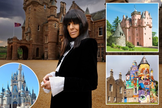 A woman stands in front of a large Scottish castle; inset images show other castles, including a pink castle and one with colorful murals, and Cinderella Castle.