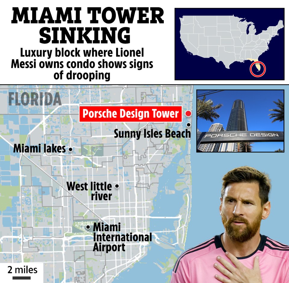 Map of Miami showing the Porsche Design Tower, where Lionel Messi owns a condo that is sinking.