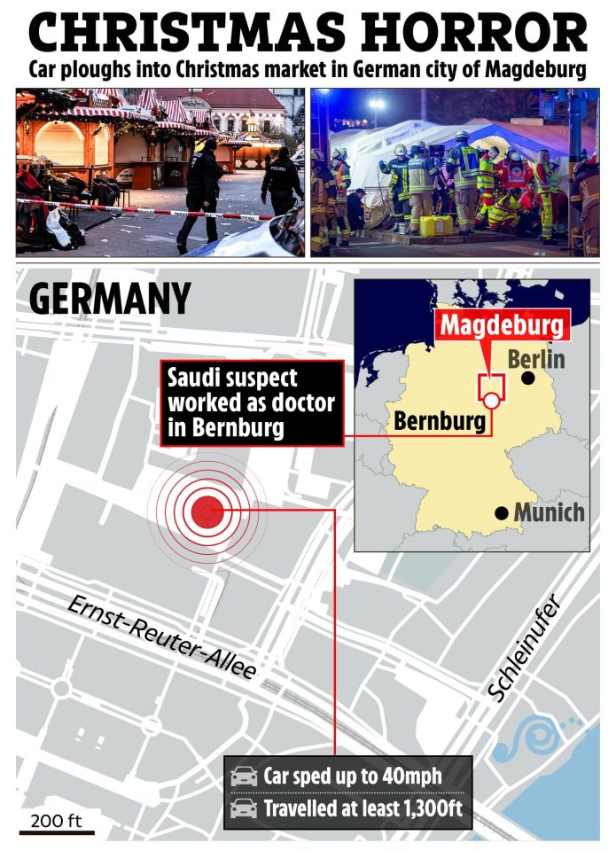 Map showing the location of a car plowing into a Christmas market in Magdeburg, Germany, and details about the Saudi suspect.