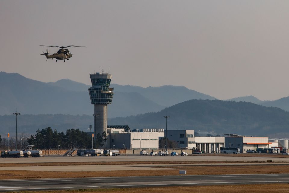 Mandatory Credit: Photo by Sanghwan Jung/REX/Shutterstock (15049084b) A military medical helicopter is landing at Muan International Airport, Jeollanam-do, where a Jeju Air passenger plane collided during landing on December 29, 2024, in South Korea. The accident, which claimed 176 lives, left 3 people missing and 2 rescued, making it the worst domestic passenger plane crash in the country's history. The Muan Airport plane crash is suspected to have been caused by a bird strike, Seoul, South Korea - 29 Dec 2024