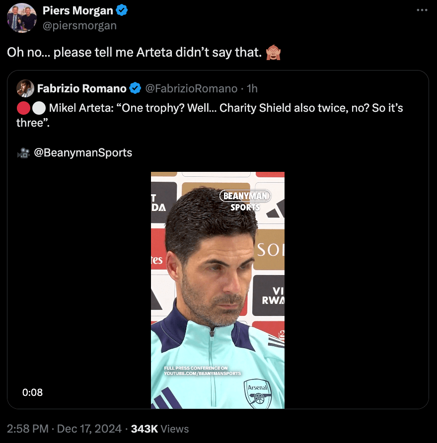 Tweet showing Mikel Arteta saying he won three trophies, including two Charity Shields.