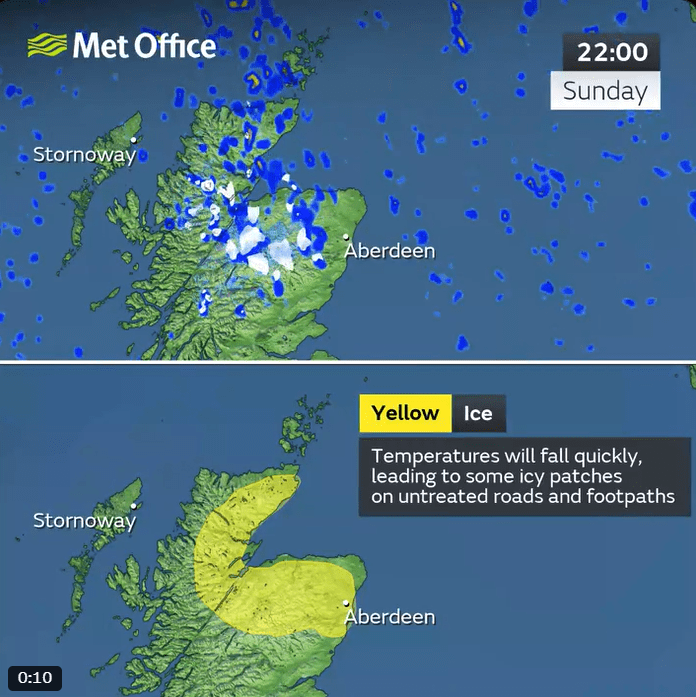 The warning for ice is in force from 9pm on Sunday until 10am on Monday