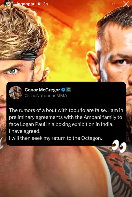 Conor McGregor's tweet announcing a boxing exhibition match against Logan Paul in India.