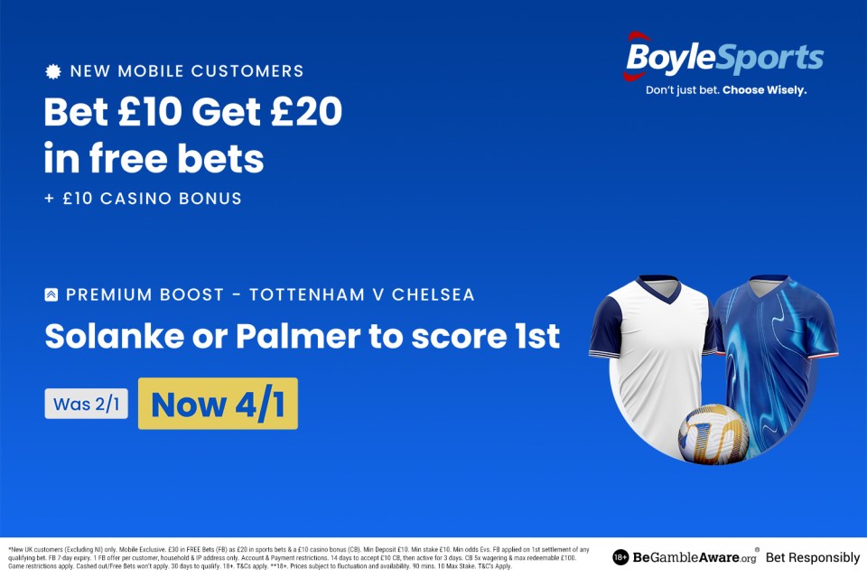 Get £20 in free bets and £10 casino bonus with BoyleSports, plus Solanke and Palmer boost