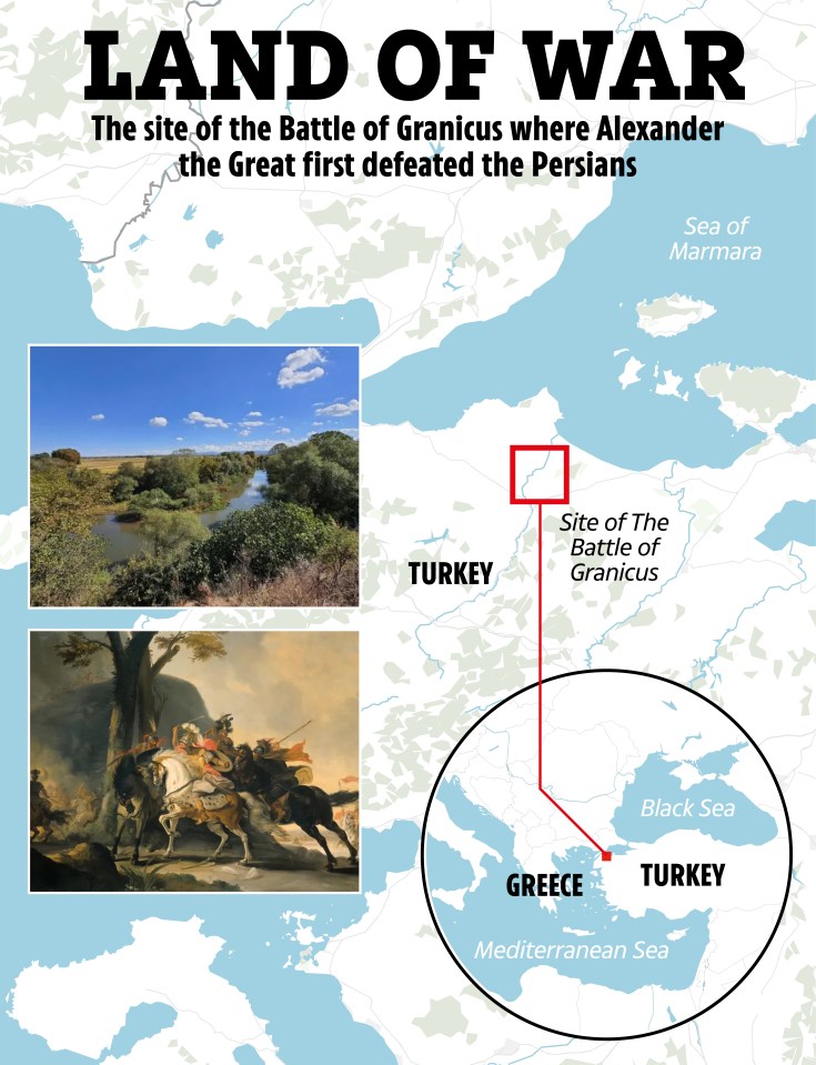 Map showing the site of the Battle of Granicus in Turkey, where Alexander the Great first defeated the Persians.