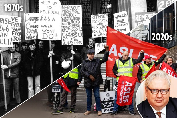 ASLEF union members protesting in the 1970s and 2020s.