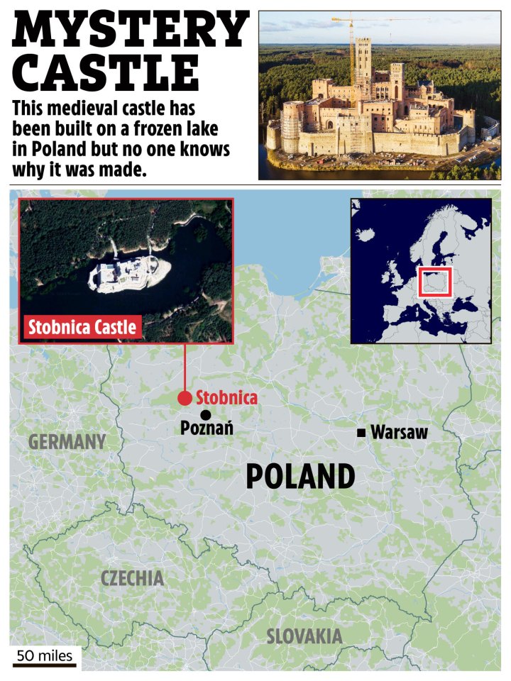 Map showing the location of Stobnica Castle in Poland, built on a frozen lake.