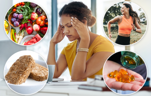 Collage showing healthy lifestyle choices including fruits, vegetables, cereal, exercise, and supplements, alongside a woman experiencing a headache.