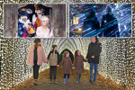 Family enjoying a light show and characters from a Nutcracker-themed event.