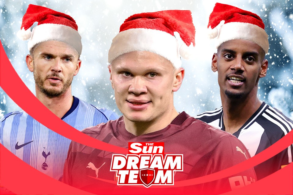 The Sun Dream Team: three soccer players wearing Santa hats.