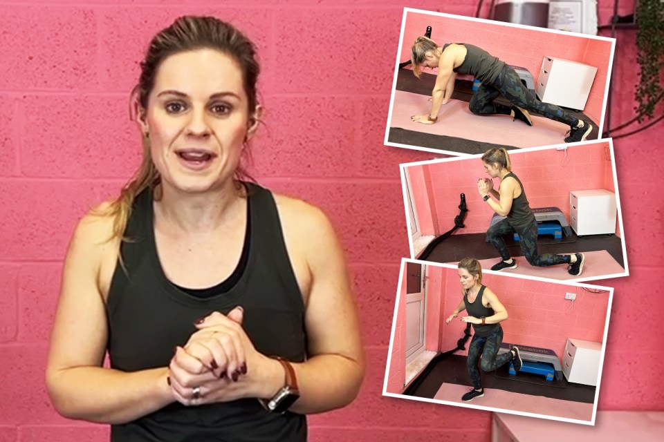 Workout demonstration: woman explaining and performing exercises.