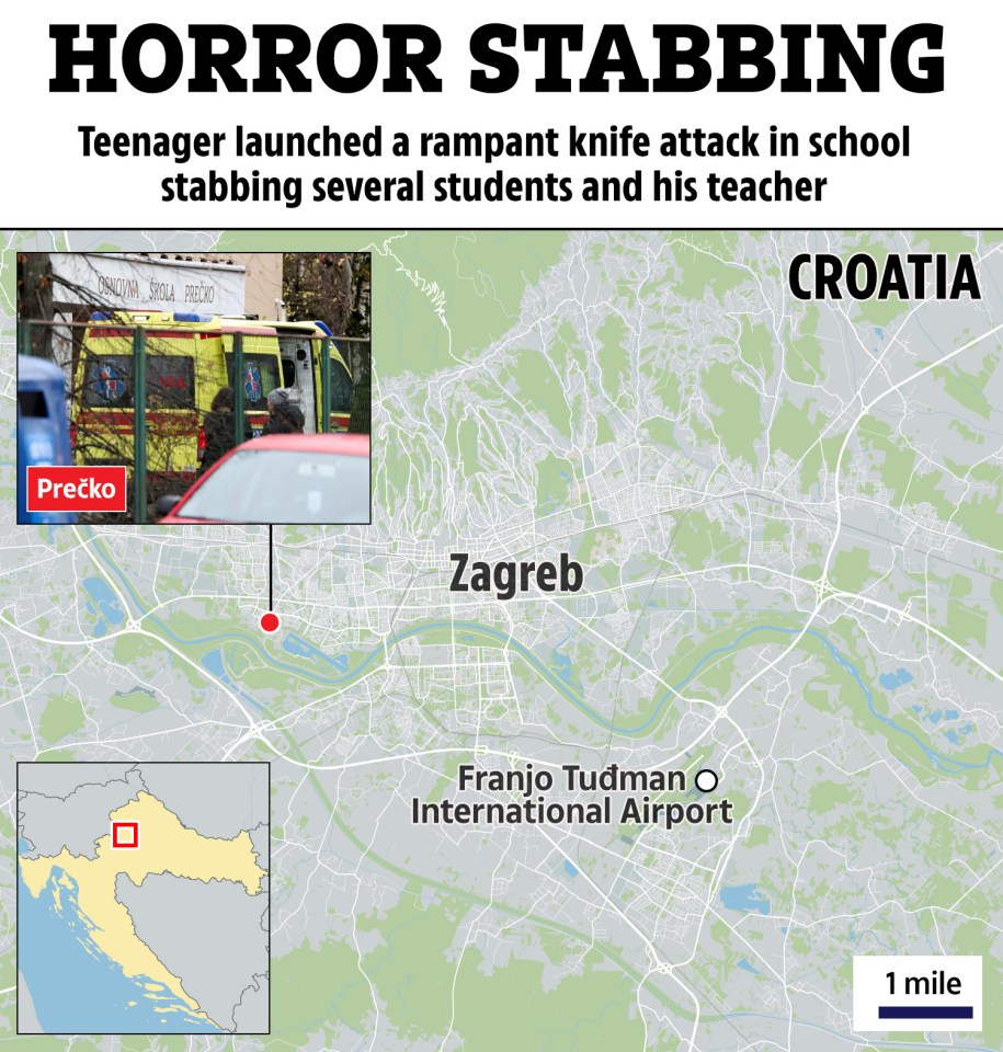 Map showing the location of a school stabbing in Prečko, Zagreb, Croatia.